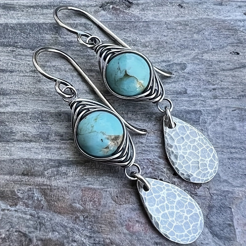 Elegant Retro Wire-Wrapped Turquoise Metal Pendant Earrings