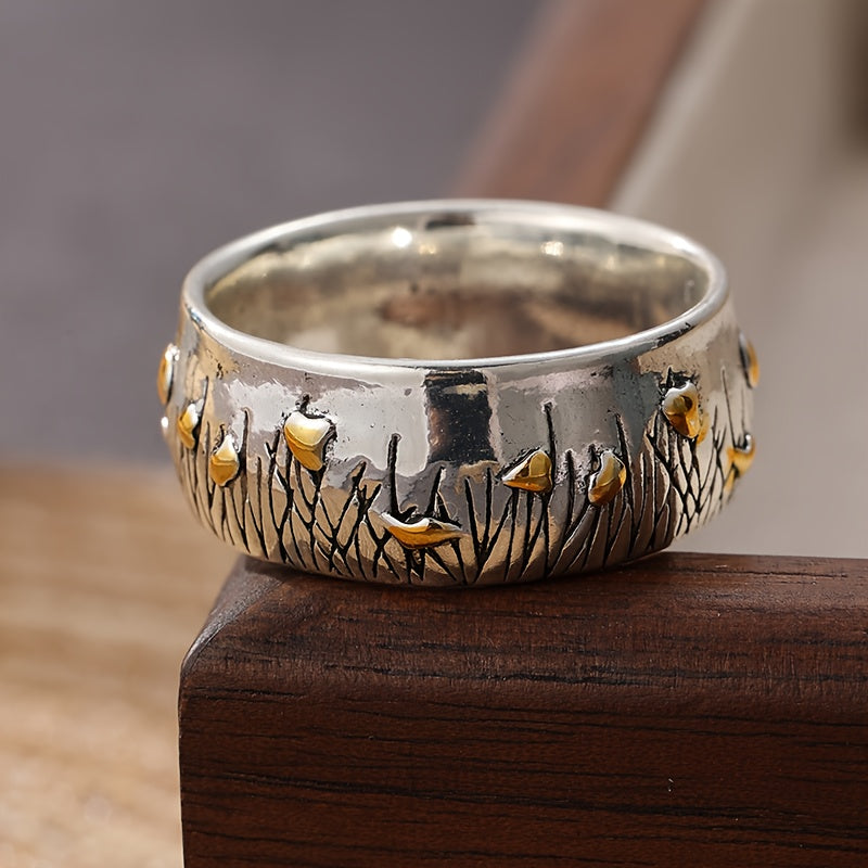 Retro etnische tweekleurige ring met bloem en gras