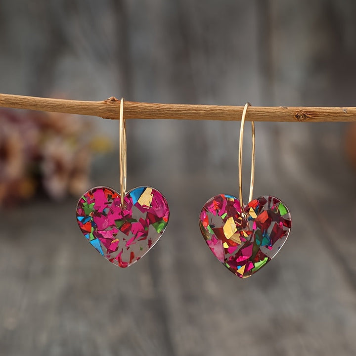 Vintage Style Resin Glitter Heart Pendant Earrings