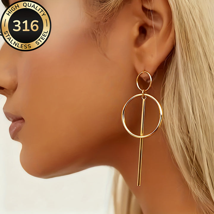 Modern Linear Style Gold Plated Circle Drop Earrings