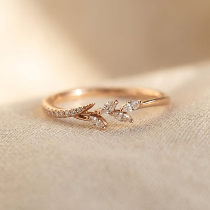 Delicate Leaf Cubic Zirconia Gold Wedding Ring