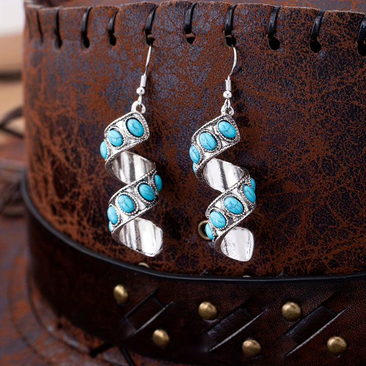 Bohemian Spiral Design Turquoise Inlay Pendant Earrings