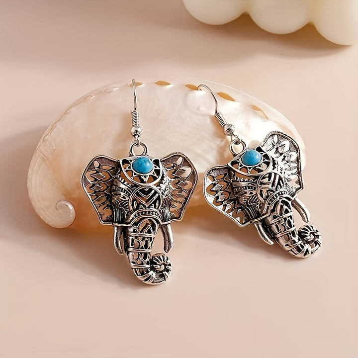 Vintage Turquoise Elephant Silver Plated Boho Drop Earrings