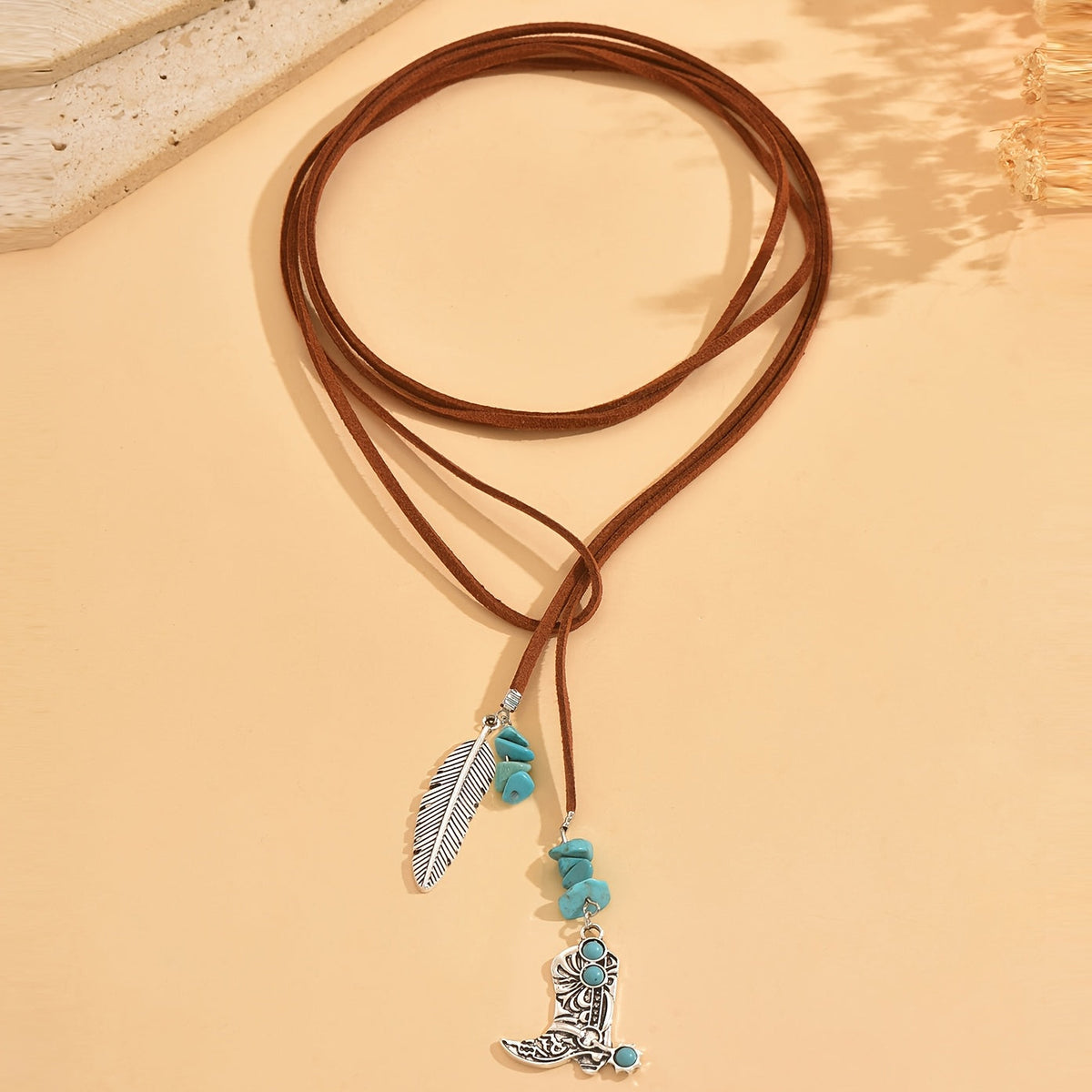 Vintage bohemien gelaagde ketting met turkooizen verenhanger
