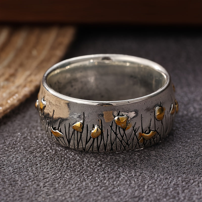 Retro etnische tweekleurige ring met bloem en gras