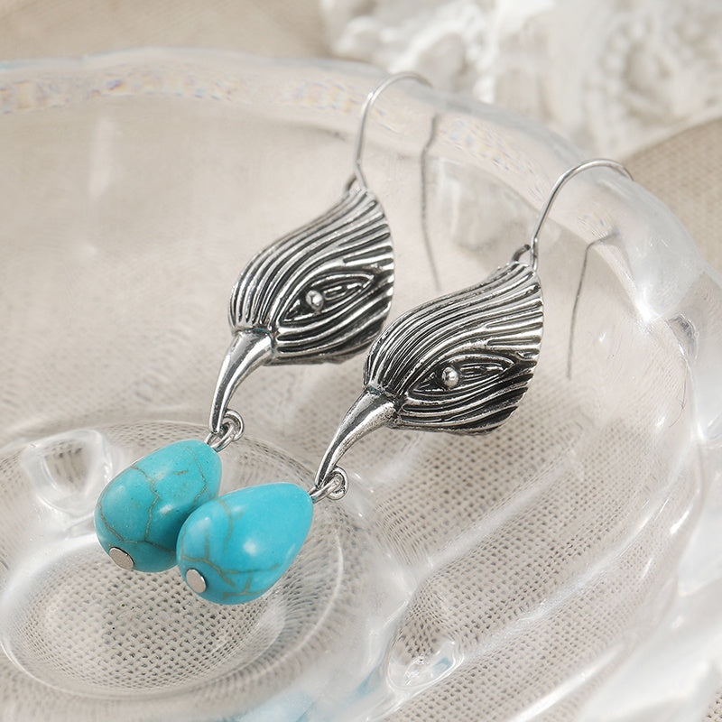 Vintage Silver Tone Geometric Irregular Shape Turquoise Drop Earrings