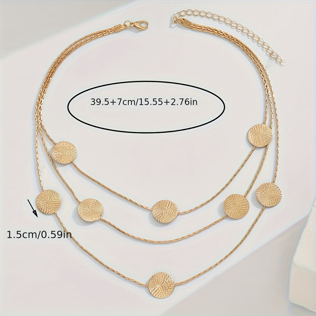 Geometric Spiral Textured Gold Multi-Disc Layered Necklace