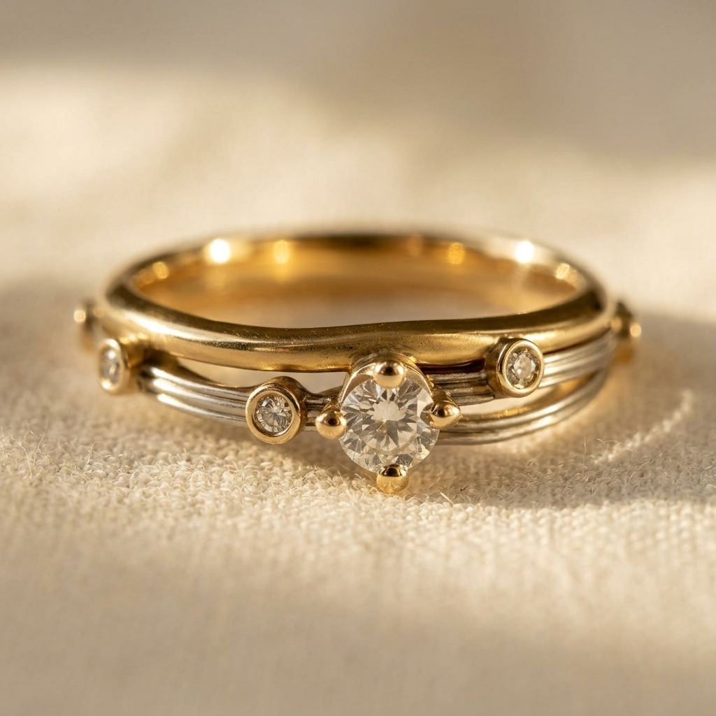Tweekleurige goudkleurige ring met rond diamantaccent