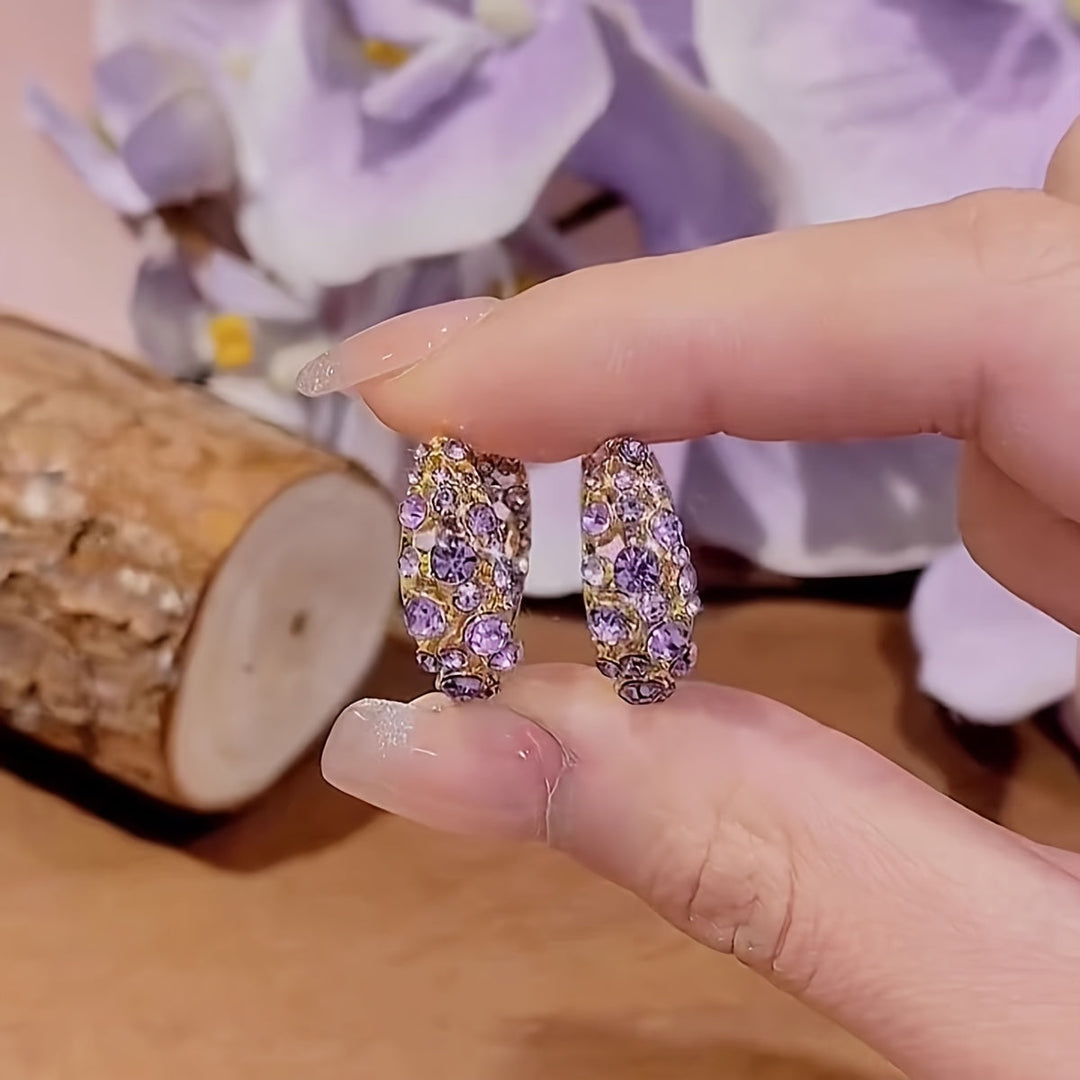 Elegant Purple Crystal Zirconia Gold Plated Hoop Earrings