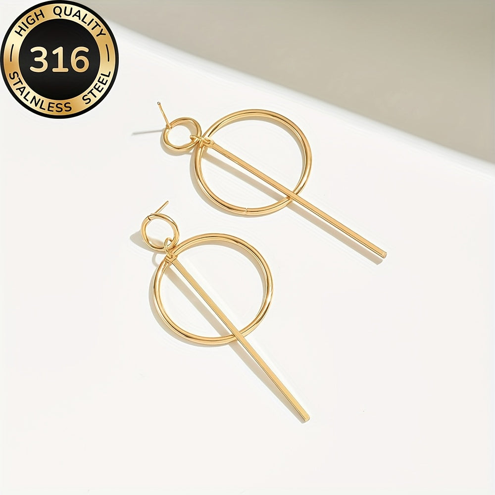 Modern Linear Style Gold Plated Circle Drop Earrings