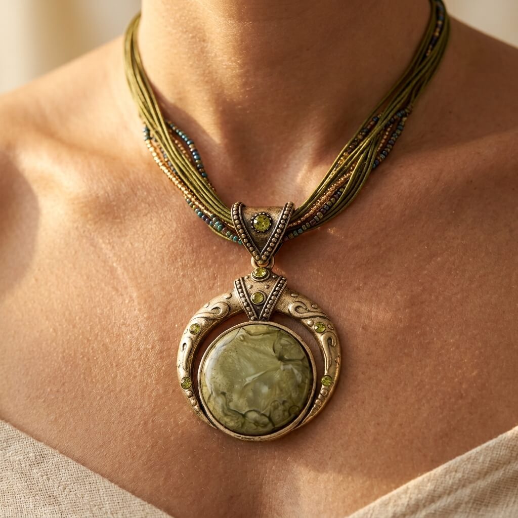 Vintage Green Crystal Ethnic Pendant Necklace
