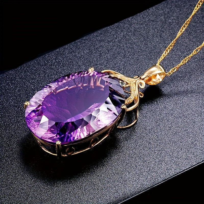 Elegante ketting met ovale hanger ingelegd met paarse synthetische zirkonia