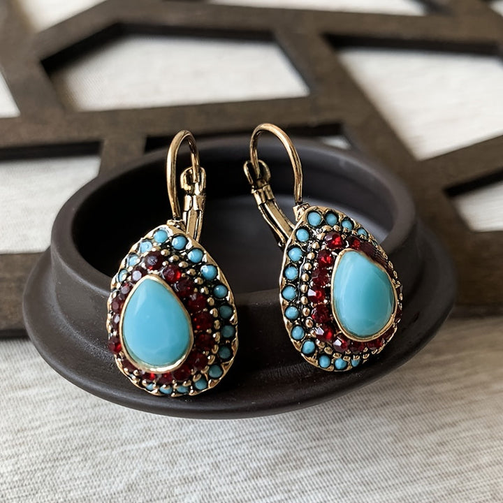 Vintage Turquoise Rhinestone Teardrop Resin Earrings