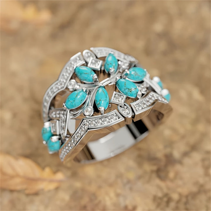 Bohemian Retro Art Turquoise & Crystal Statement Ring