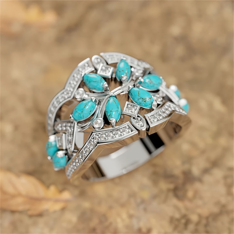 Vintage bohemien turkooizen ring met bloemencluster