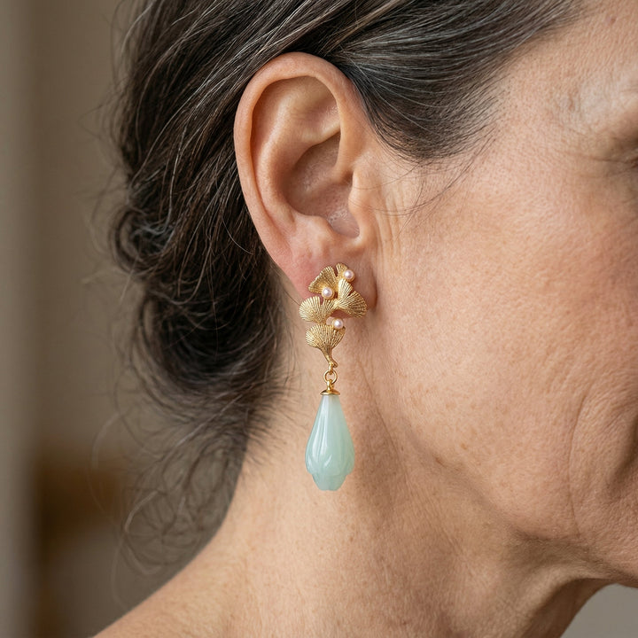 Gold Ginkgo Leaf Jade Teardrop Vintage Dangle Earrings