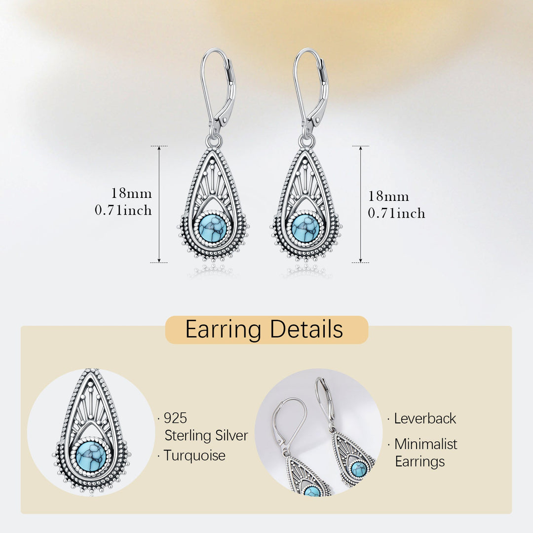 Bohemian Silver Plated Filigree Teardrop Turquoise Dangle Earrings