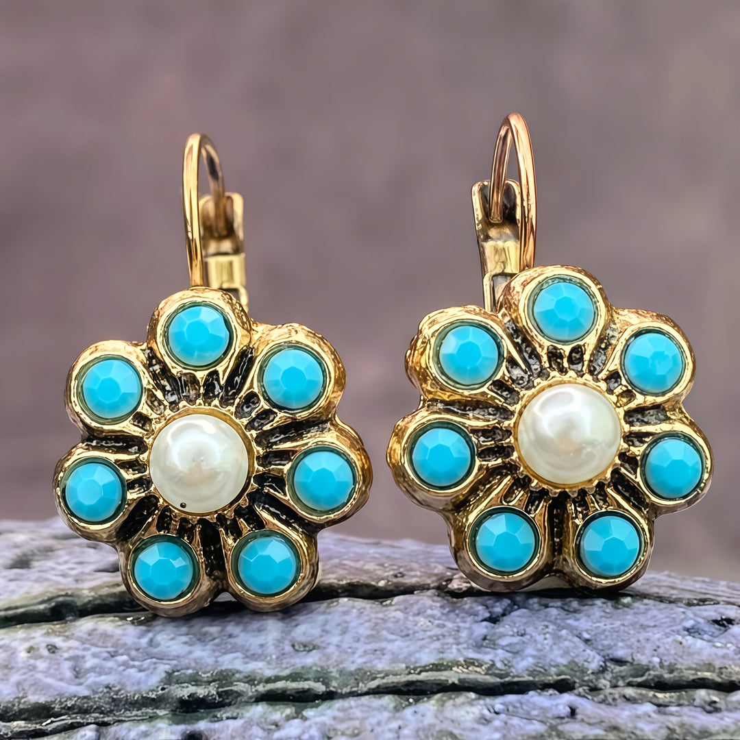 Vintage Style Turquoise And Pearls Flower Earrings