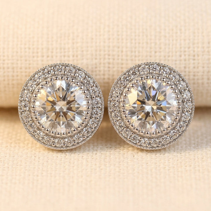 Round Cut Moissanite Halo Stud Earrings