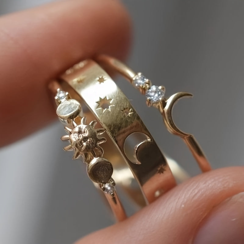 Vintage stapelbare ringenset met halvemaan en ingelegde zirkonia