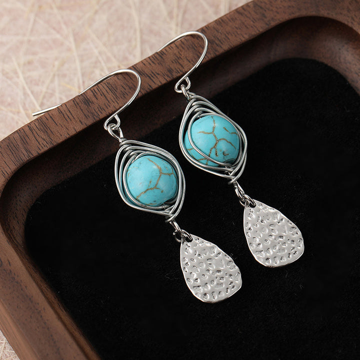 Elegant Retro Wire-Wrapped Turquoise Metal Pendant Earrings