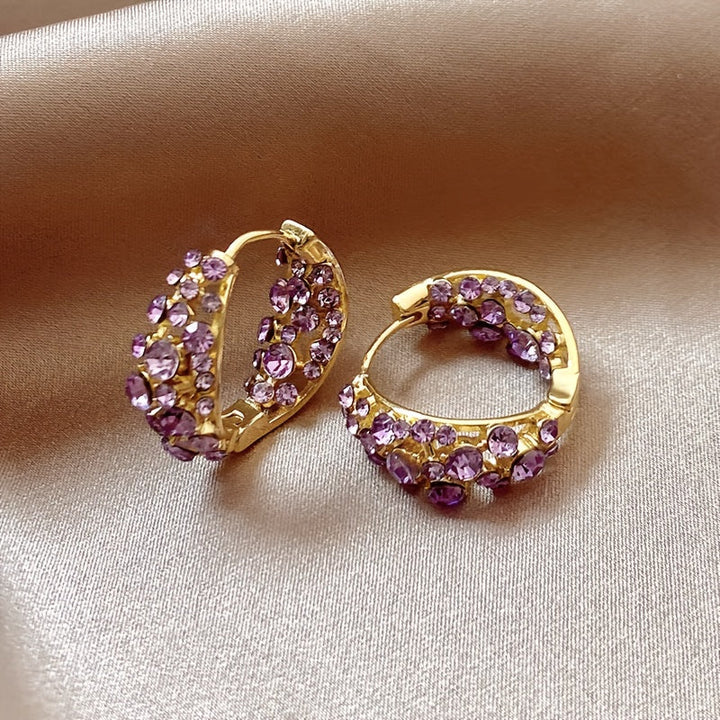 Elegant Purple Crystal Zirconia Gold Plated Hoop Earrings