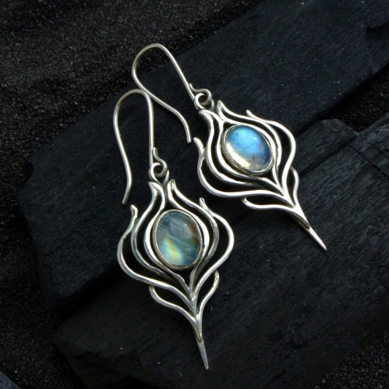 Vintage Bohemian Moonstone Leaf Drop Earrings