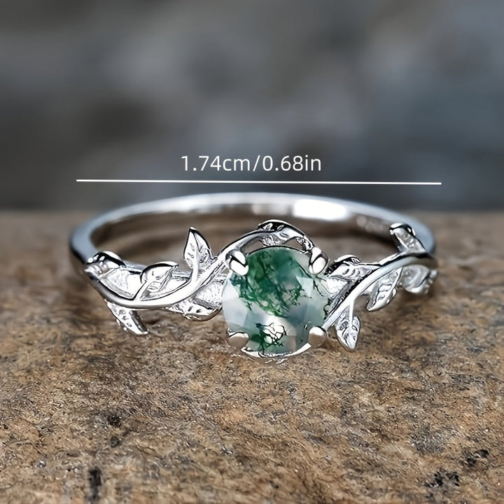 Vintage Silver Round Water Grass Moss Agate Leaf Ring