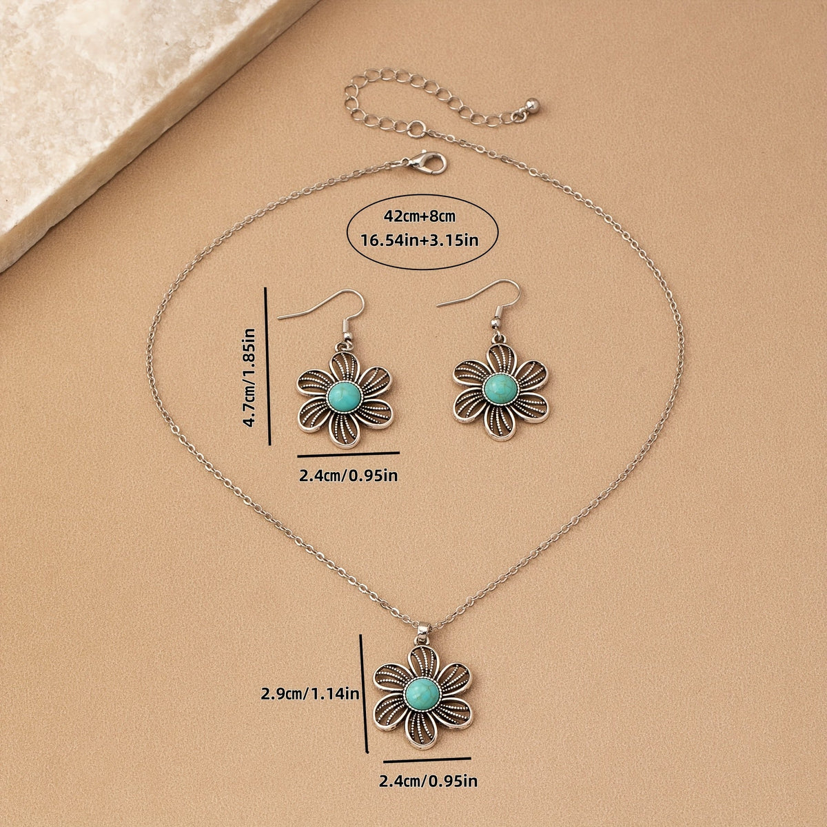 Vintage verzilverde ketting- en oorbellenset met turkooizen bloem