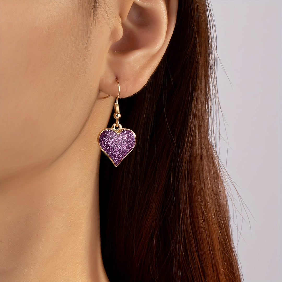 Elegant Purple Glitter Heart Dangle Earrings