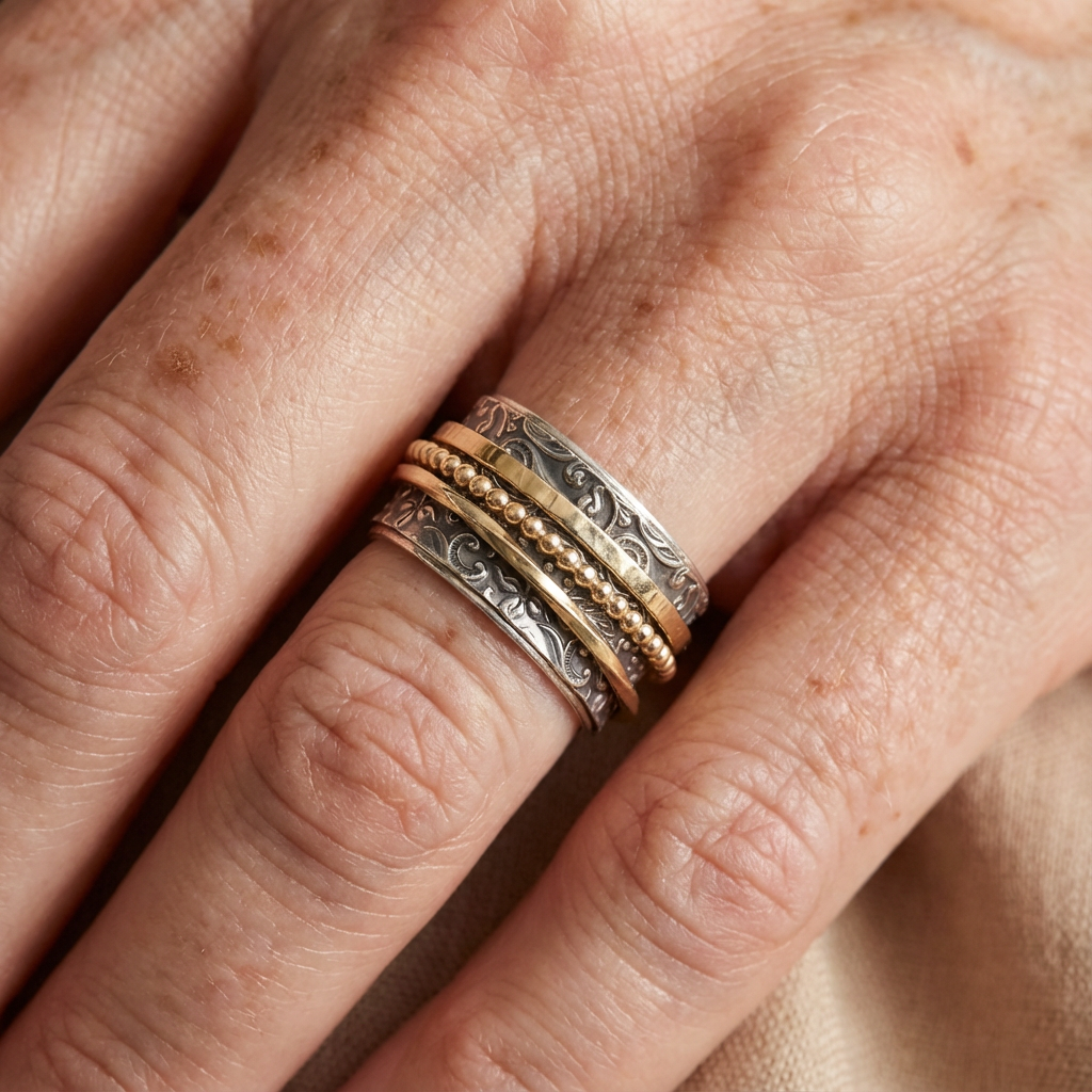Vintage-geïnspireerde zilver- en goudkleurige spinner statement ring