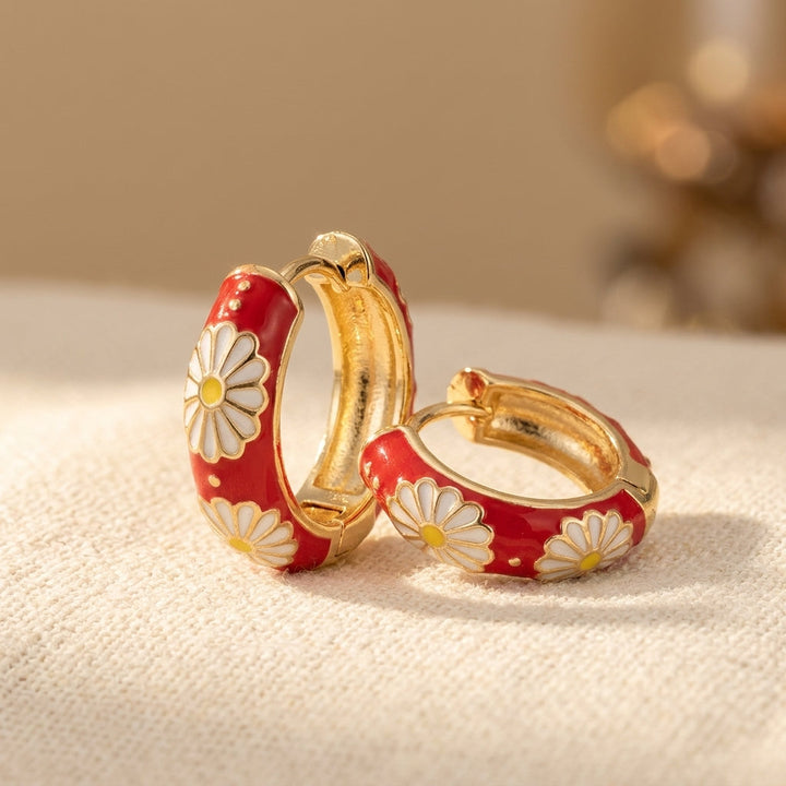 Red Flower Gold Hoop Earrings