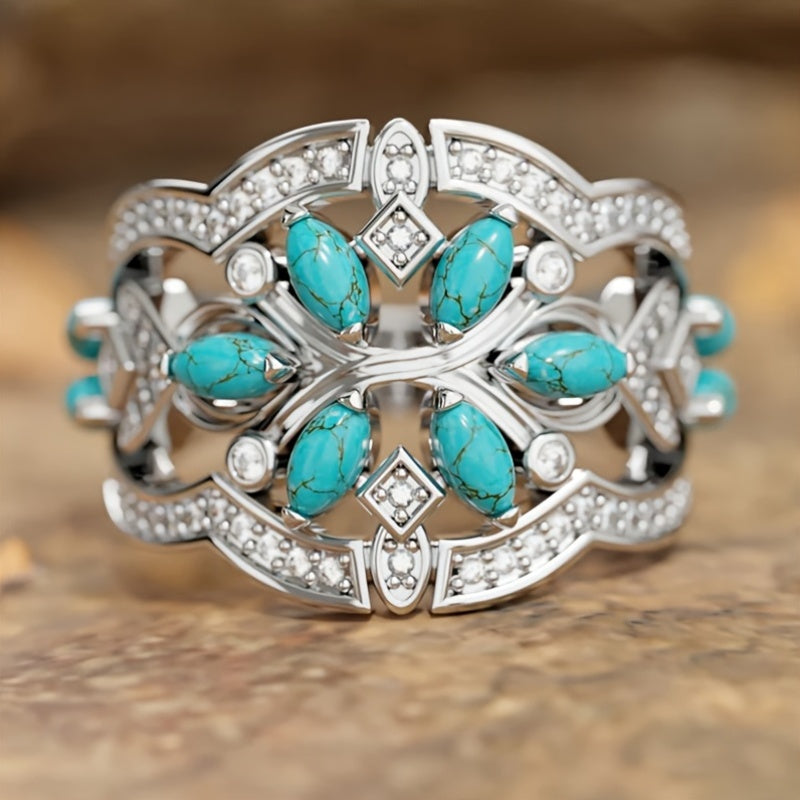 Vintage bohemien turkooizen ring met bloemencluster