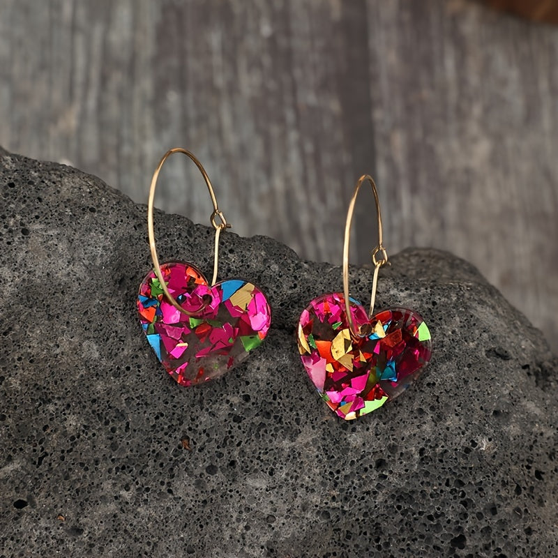 Vintage Style Resin Glitter Heart Pendant Earrings