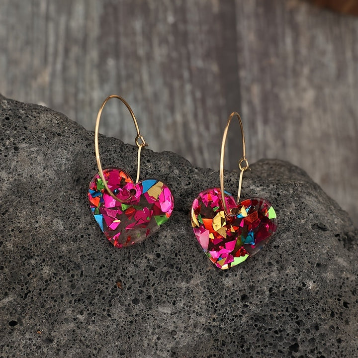 Vintage Style Resin Glitter Heart Pendant Earrings