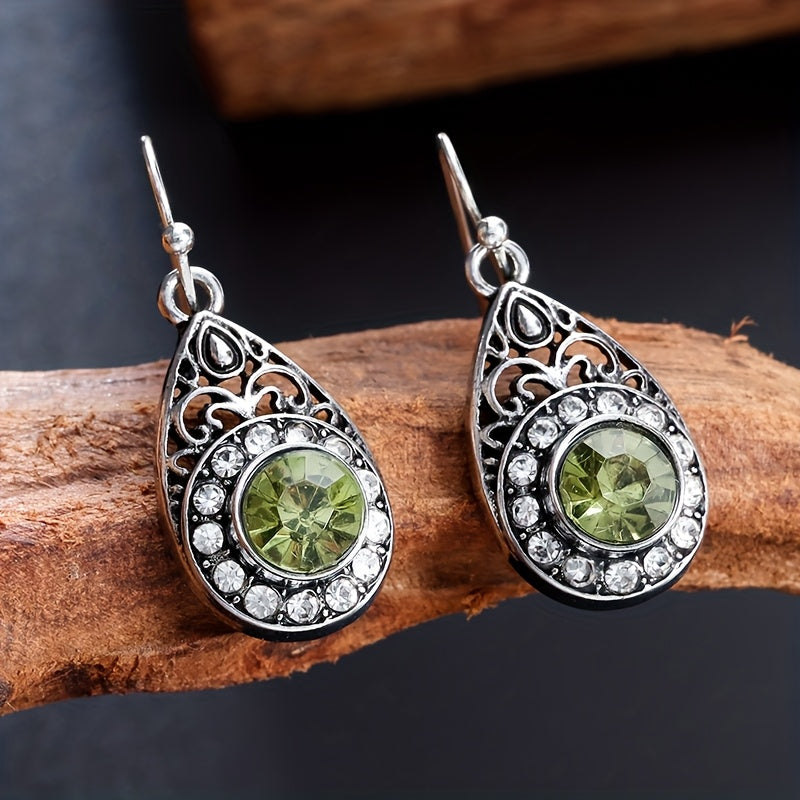Retro Ethnic Style Water Droplet Green Zirconia Pendant Earrings