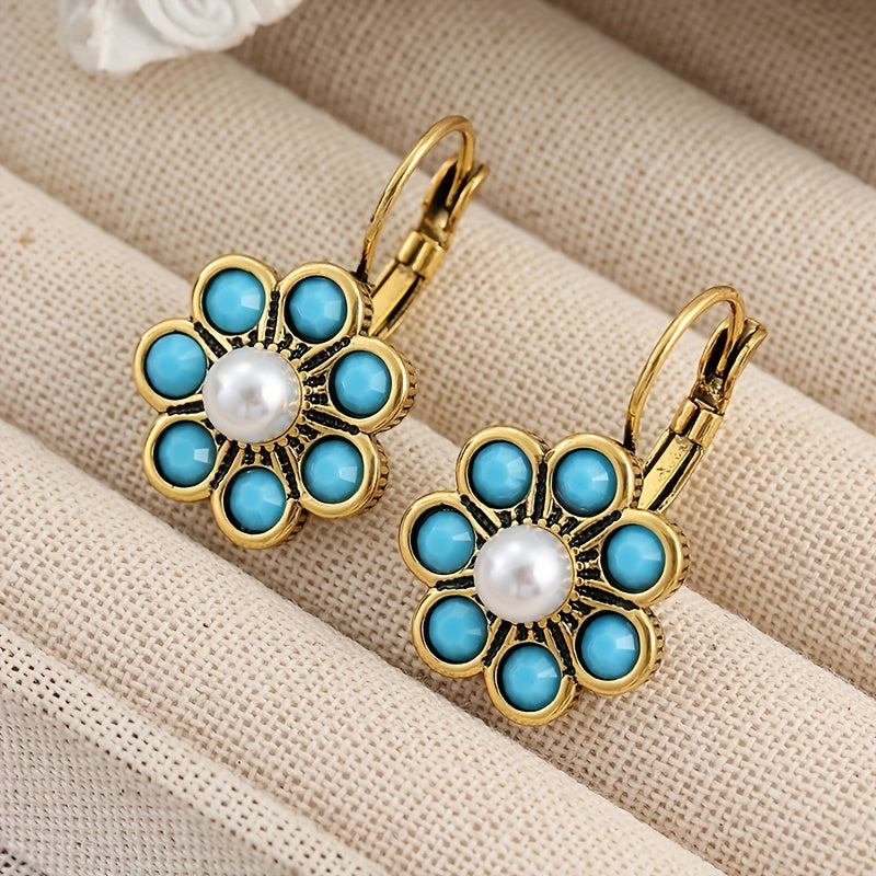 Vintage bloemenoorbellen met turkoois en parels