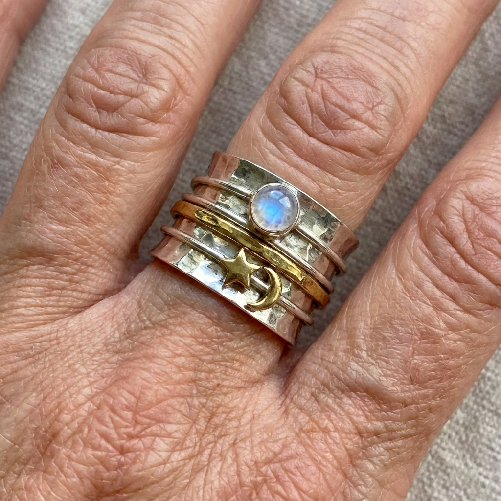 Star and Moon Moonstone Silver & Gold Artisan Ring