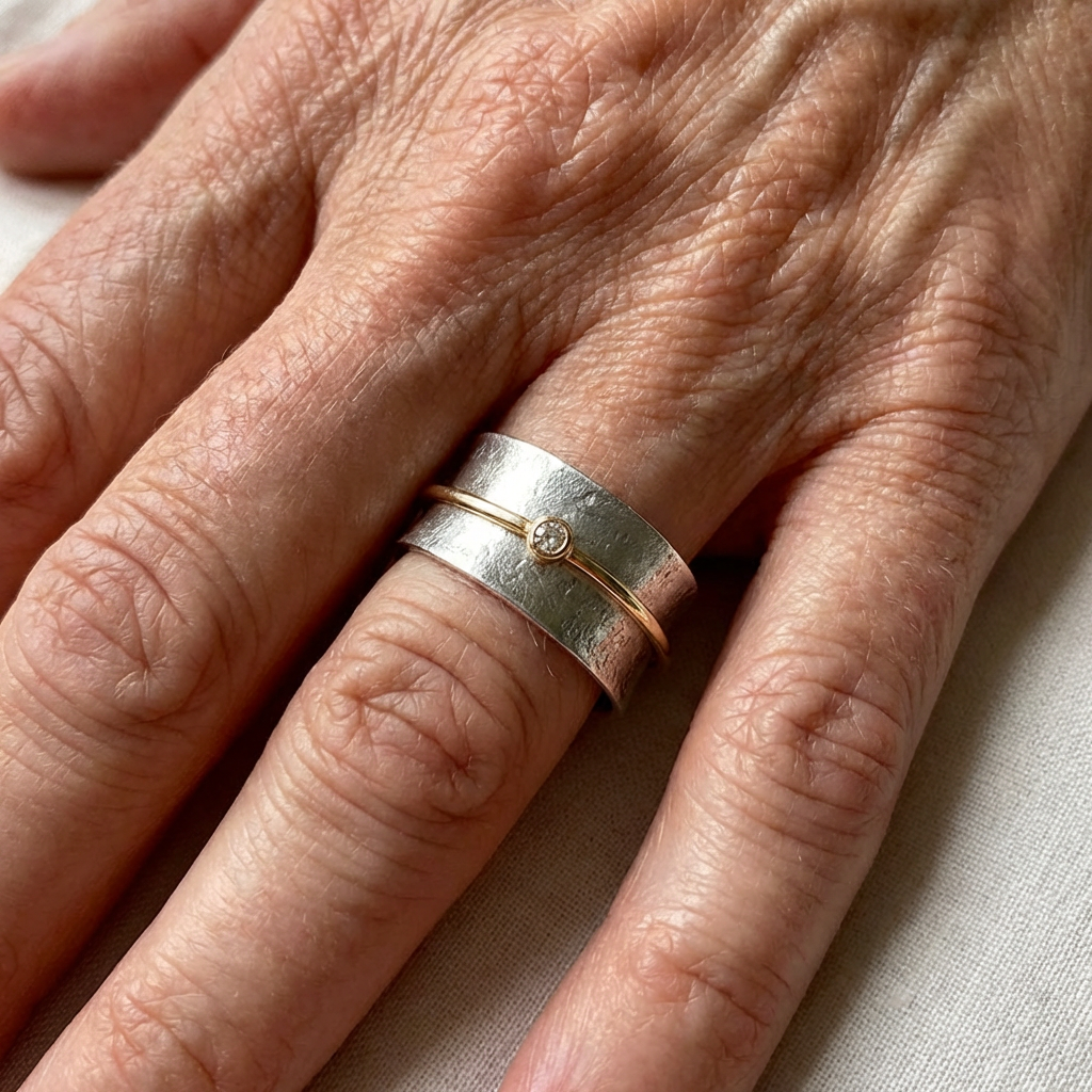 Vintage zilverkleurige open ringband met goudkleurige bol