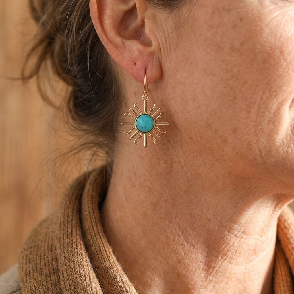 Western Boho Sun Shape Turquoise Drop Earrings