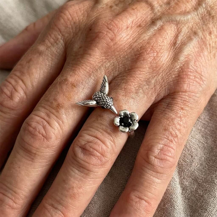 Vintage Adjustable Silver Plated Hummingbird & Flower Open Ring