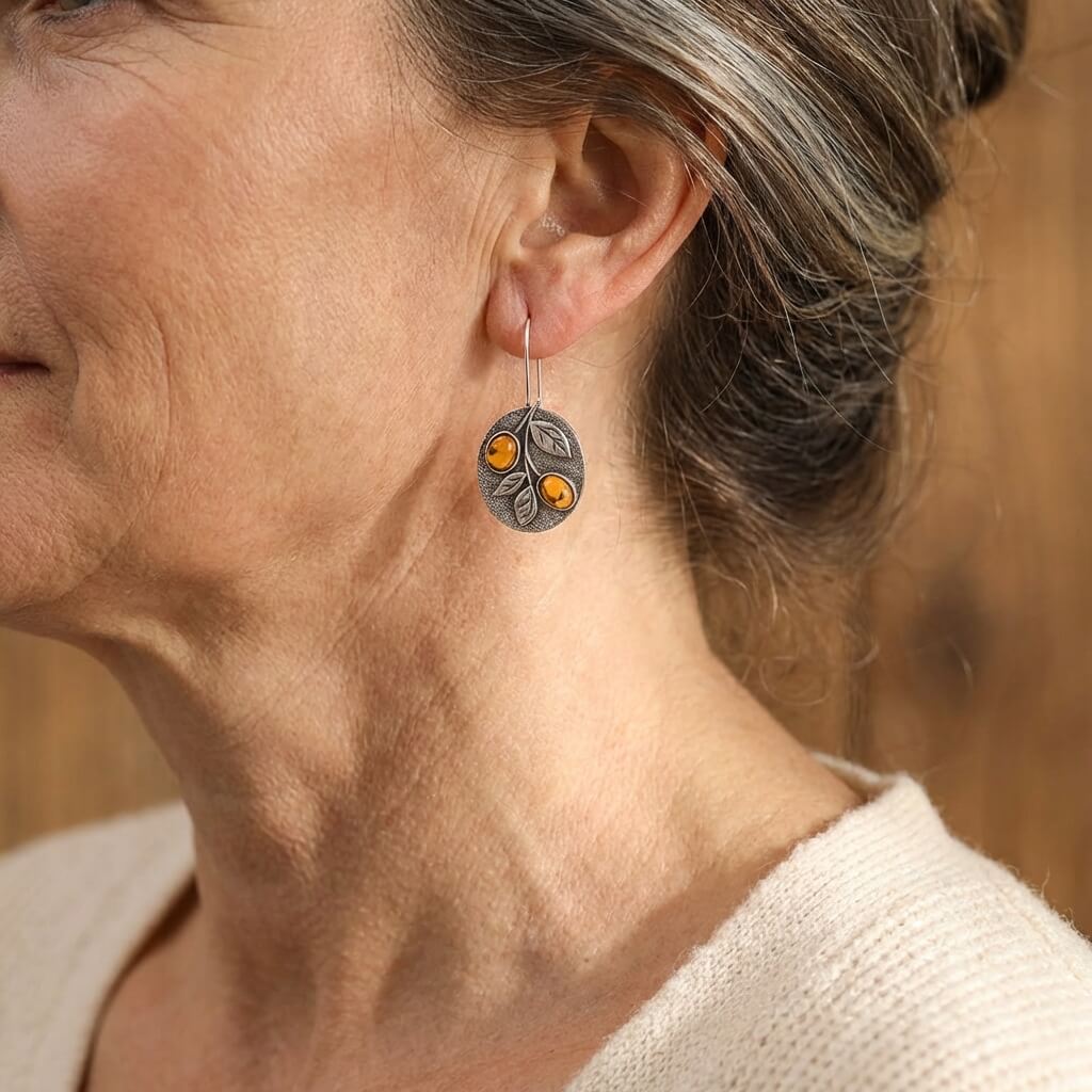 Vintage Nature Design Amber Leaf Disc Earrings