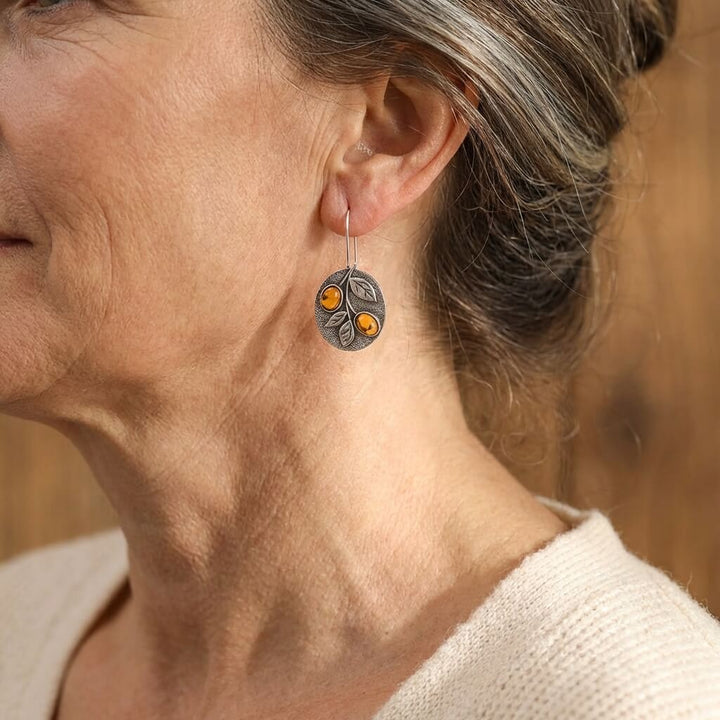 Vintage Nature Design Amber Leaf Disc Earrings
