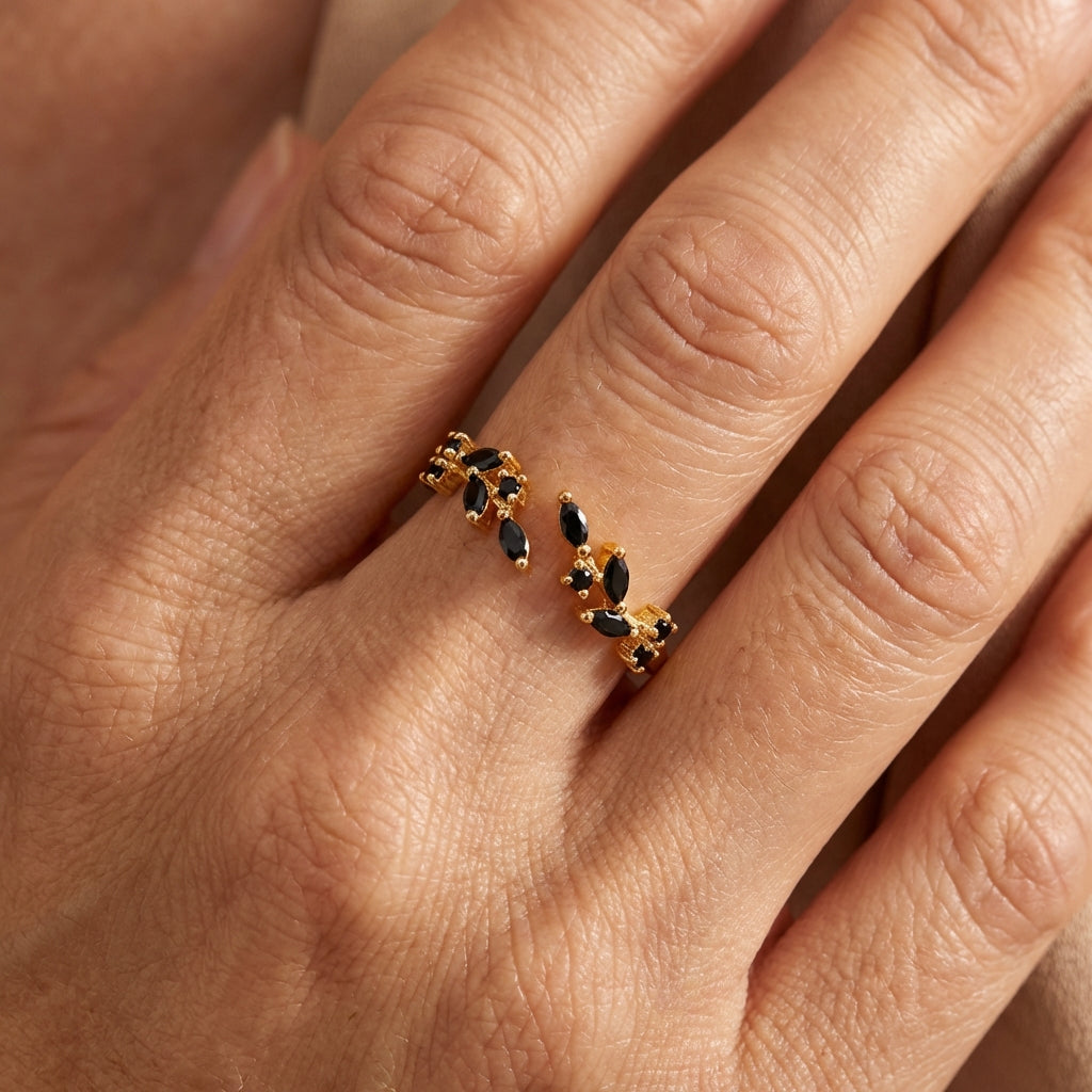 Elegant Black Zirconia Floral Gold Plated Ring