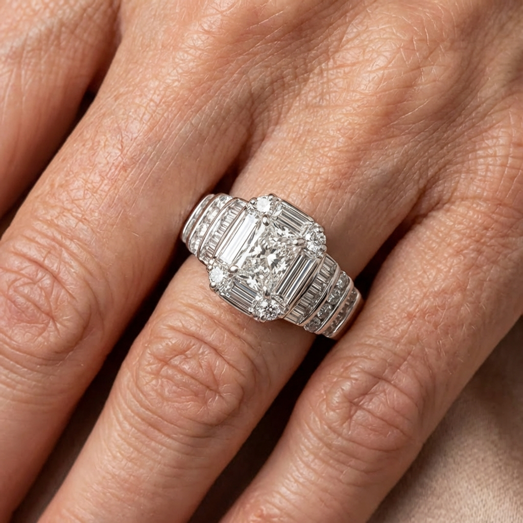Elegante verzilverde ring met vierkante zirkonia in bruidsstijl