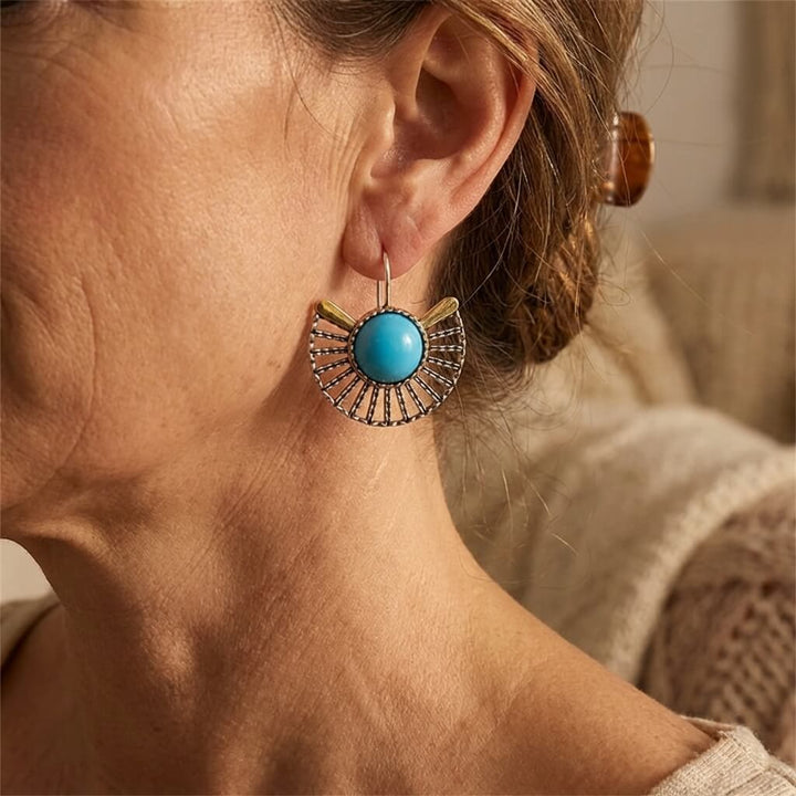Bohemian Turquoise Gold Plated Fan Shape Hollow Hook Earrings