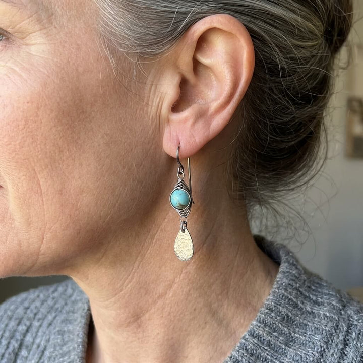 Elegant Retro Wire-Wrapped Turquoise Metal Pendant Earrings
