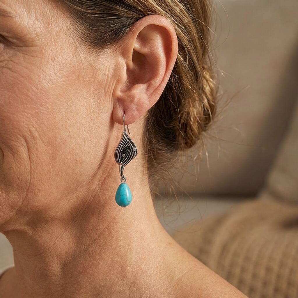 Vintage Silver Tone Geometric Irregular Shape Turquoise Drop Earrings