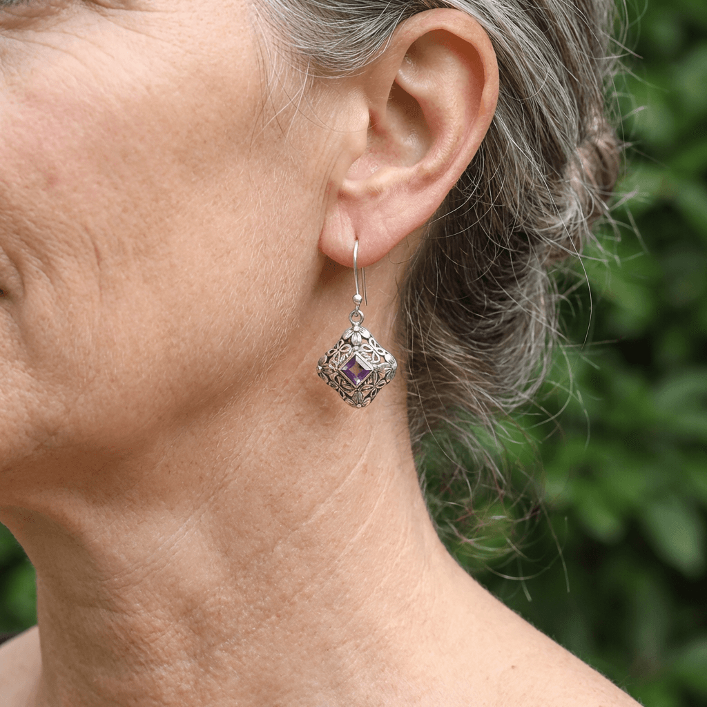 Vintage Purple Zirconia Floral Filigree Drop Earrings