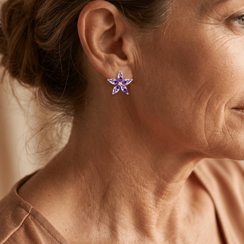 Elegant Purple Zirconia Flower Stud Earrings